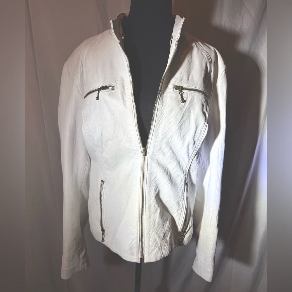 Signature Women's Ivory Leather Jacket with Zipper Details